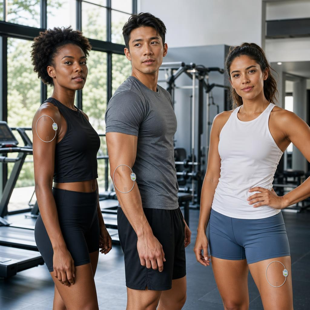 Illustrative ActiPatch placement examples at a gym: shoulder, outer elbow, and outer thigh
